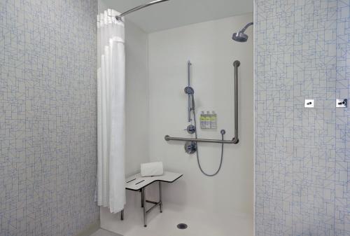 uma casa de banho com um chuveiro e uma mesa. em Holiday Inn Express - Kingston West, an IHG Hotel em Kingston