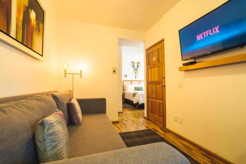 a living room with a couch and a flat screen tv at The Gallery in Mexico City