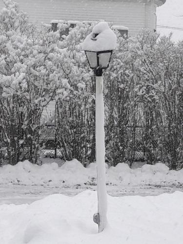 a snow covered parking meter in front of a house at Proctor Mansion Inn in Wrentham