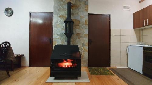 a stove in a kitchen with a fire in it at Kuća za odmor Virtus Goč in Vrnjačka Banja