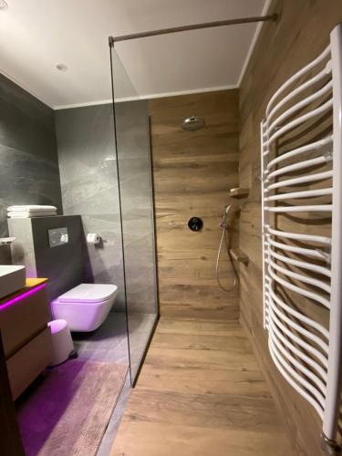 a bathroom with a glass shower and a toilet at Willa pod Czantorią SPA Ustroń in Ustroń