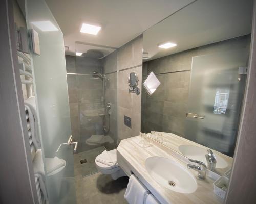 a bathroom with a sink and a shower and a toilet at Meister BÄR HOTEL Fichtelgebirge in Marktredwitz