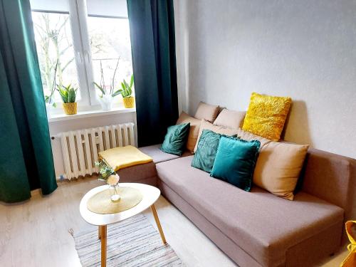 a living room with a brown couch with colorful pillows at Apartament Wągrowiec, Gabi - Remigiusz Kiszka in Wągrowiec
