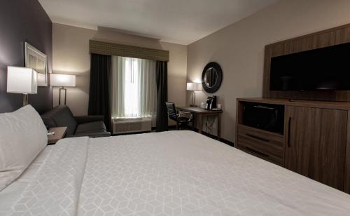 a hotel room with a bed and a flat screen tv at Holiday Inn Express Hotel and Suites Port Aransas/Beach Area by IHG in Port Aransas