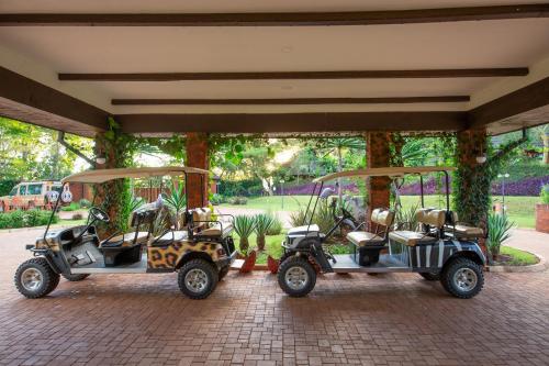 two golf carts parked next to each other at The Retreat at Ngorongoro in Karatu