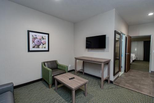 a hotel room with a couch and a table and a television at Holiday Inn Express Hotel and Suites Port Aransas/Beach Area by IHG in Port Aransas
