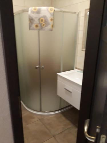 a bathroom with a shower and a sink at Villa Kama in Skorzęcin