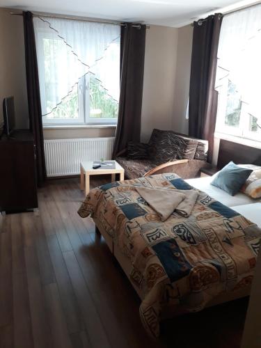 a bedroom with a bed and a couch and a window at Villa Kama in Skorzęcin