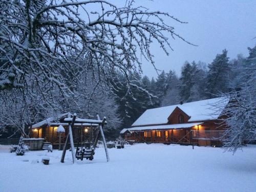 a log cabin in the snow with a swing at Sodyba Duburiai in Ukmergė