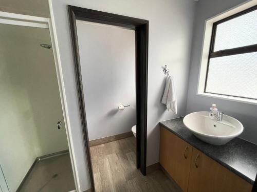 a bathroom with a sink and a mirror at Hacienda Motor Lodge in Palmerston North
