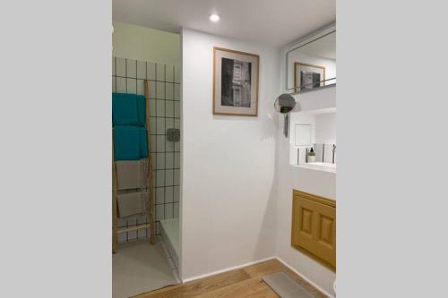 a bathroom with a shower and a mirror at LE ZOLA Appartement solaire in La Ciotat