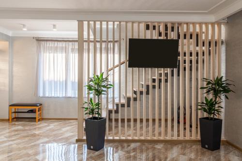 a living room with two potted plants and a television at Nikol in Turitsa