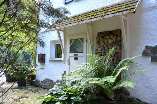 a white house with a white door and a pile of logs at Birgits Landhaus Willingen in Willingen