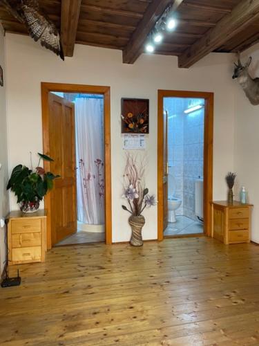 a room with two doors and a vase with flowers at Pensiunea Rozalia in Criţ