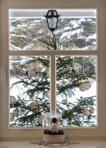 a window with a christmas tree in the snow at Lipowy Zakątek to miejsce bez gospodarzy i na wyłączność in Siemianówka