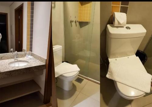 2 fotos de un baño con aseo y lavabo en Olimpia Apartamentos, en Olímpia