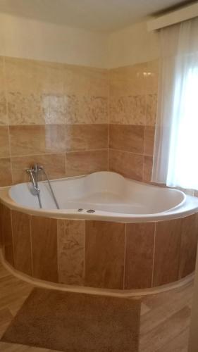 a bath tub in a bathroom with a window at Ubytovaní Šaslun in Kolešov