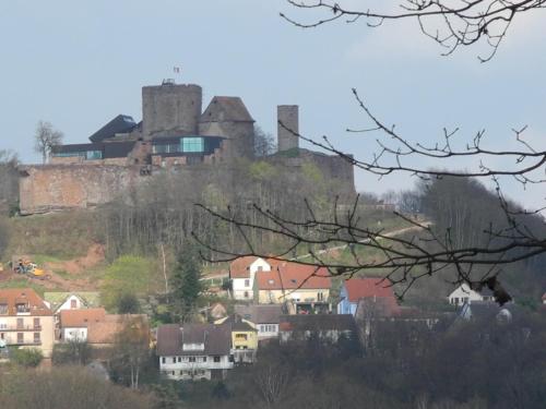 a castle on top of a hill with houses at Au Pied du Chateau in Lichtenberg