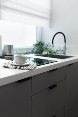 a kitchen counter with a sink and a cup on a towel at Apartamenty Familijne przy parku klimatyzacja parking in Kudowa-Zdrój