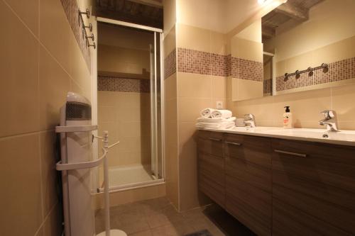 een badkamer met een wastafel, een douche en een bad bij Chalet Changalan in Vars