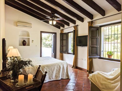a bedroom with a bed and a ceiling fan at Hotel Fuente del Sol in Antequera