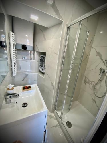 une salle de bain avec douche et lavabo dans l'établissement Suite Letizia, à Ajaccio