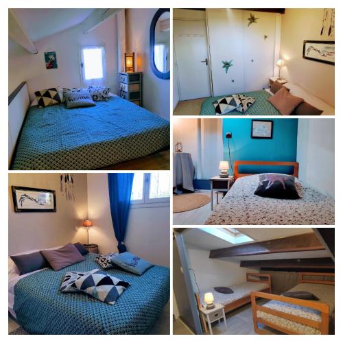 un collage de quatre photos d'une chambre dans l'établissement La siesta, à Argelès-sur-Mer