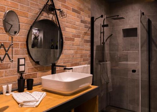 a bathroom with a sink and a shower at Apartament Podcienie z tarasem Bielsko-Biała Old Town in Bielsko-Biala