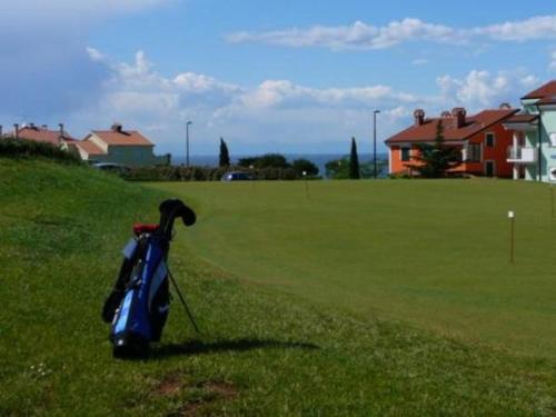 a blue golf club sitting on a golf course at Villa del Golfo in Savudrija