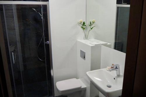 a bathroom with a toilet sink and a shower at Studio Nr 4 close to Medicover and Paley Institute in Warsaw