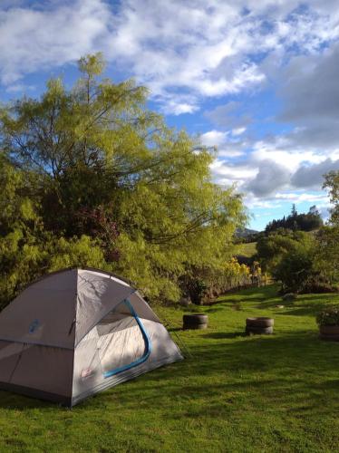 a tent sitting in the grass in a field at Iwoka Ecoturismo in La Calera