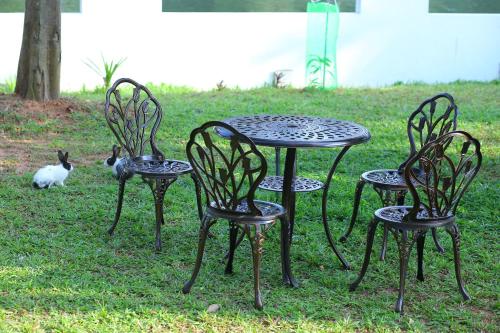 a group of four chairs and a table in the grass at Riverside Inn Homestay in Cochin