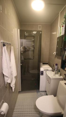 een badkamer met een douche, een toilet en een wastafel bij Laivalinnankatu in Varkaus
