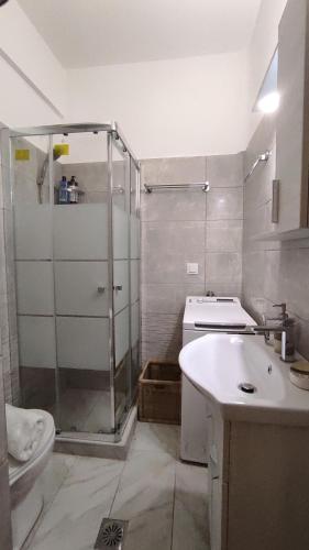 uma casa de banho com um chuveiro, um WC e um lavatório. em Athens Living room em Atenas
