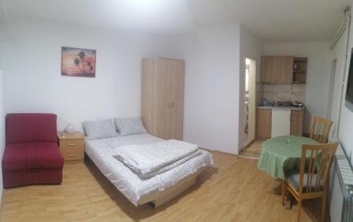 ein Wohnzimmer mit einem Bett und einem Tisch in der Unterkunft Studio Milivojevic in Sokobanja