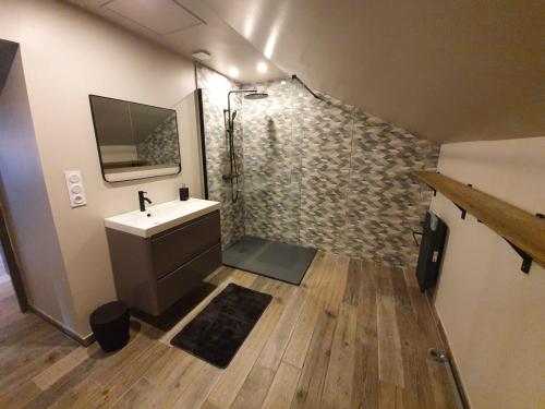 een badkamer met een wastafel en een douche bij Ti Mein Glas, maison proche de Quimper in Landudal