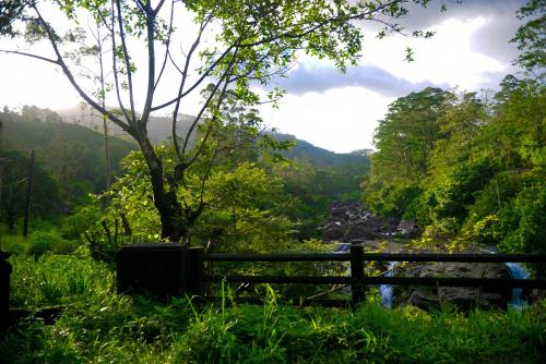 a view of a river with a fence and a tree at Fallside Rest in Norton Bridge