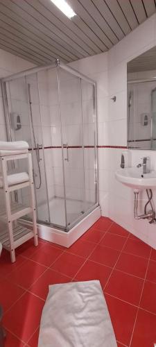 a bathroom with a shower and a red floor at Aloha Apartments with pool in Skopje