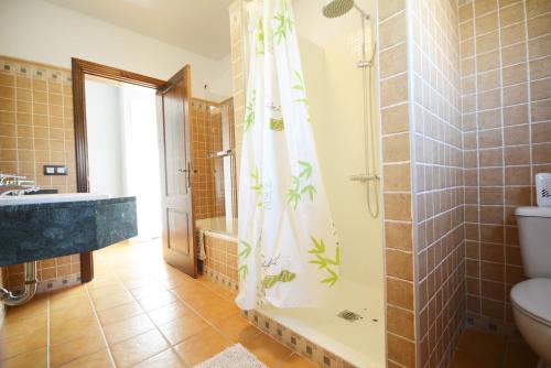 a bathroom with a shower and a toilet and a sink at Beautiful spacious villa with private heated pool in Lajares in Lajares