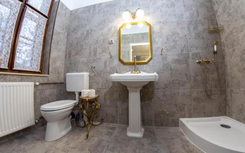 a bathroom with a sink and a toilet and a mirror at Locomotiv Vendégház in Hercegszántó
