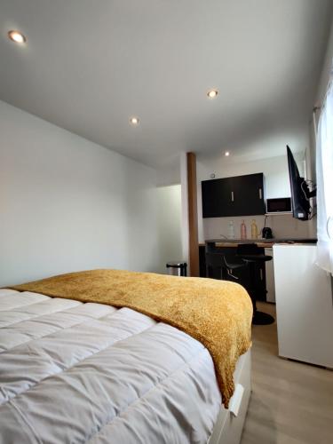 une chambre avec un lit et un bureau avec un ordinateur dans l'établissement LE FOUCAULD-GoodCaen, à Caen