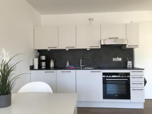 a white kitchen with white cabinets and a sink at Apartment Berg und See in Schliersee