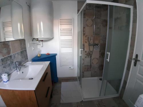 ein Bad mit einer Dusche, einem Waschbecken und einem WC in der Unterkunft Au cœur de Pornic in Pornic