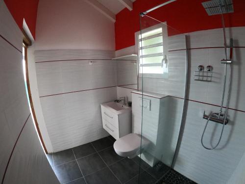 a bathroom with a toilet and a glass shower at Gîte Passion Kréyol, Vue mer et montagne, SPA privé in Vieux-Habitants