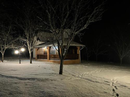 a cabin in the snow at night at Seosko domaćinstvo Bondžulić in Užice