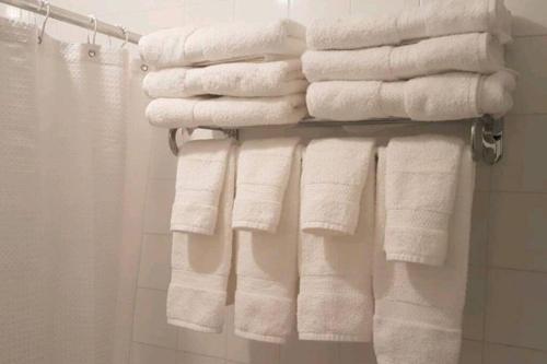 a bunch of towels on a rack in a bathroom at Cozy Sweet #19. By Amazing Property Rentals in Gatineau