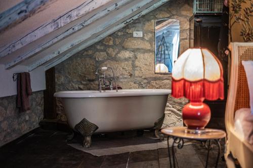 a bathroom with a bath tub and a lamp at Nera Etwa House in Lovorje