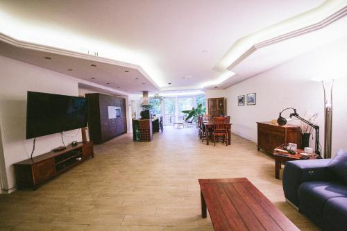 a living room with a couch and a flat screen tv at Große & voll ausgestattete Apartments, Studios, Doppelzimmer, Workspace, Parkplatz, Netflix, Prime & schnelles Wifi in ruhiger Lage mit Garten in Rudolstadt