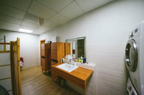 a bathroom with a sink and a washing machine at Große & voll ausgestattete Apartments, Studios, Doppelzimmer, Workspace, Parkplatz, Netflix, Prime & schnelles Wifi in ruhiger Lage mit Garten in Rudolstadt