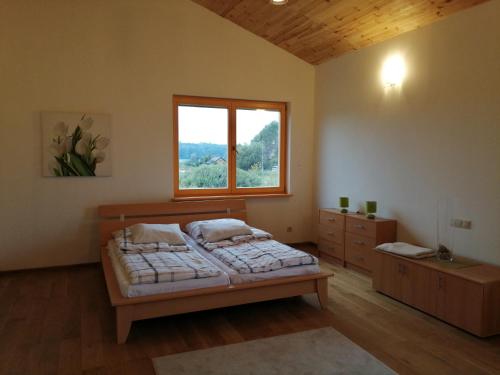 a bedroom with a bed and a window at Słonecznikowa Zagroda in Debina